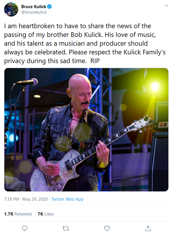 Screenshot 2020 06 01 Bruce Kulick on Twitter I am heartbroken to have to share the news of the passing of my brother Bob K...