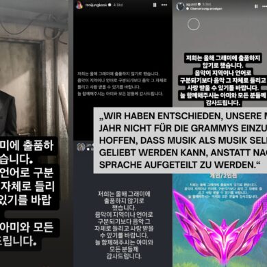 BTS nicht bei den Grammy Awards. Die Gruppe reicht ihre Musik in diesem Jahr nicht für die Grammys ein.