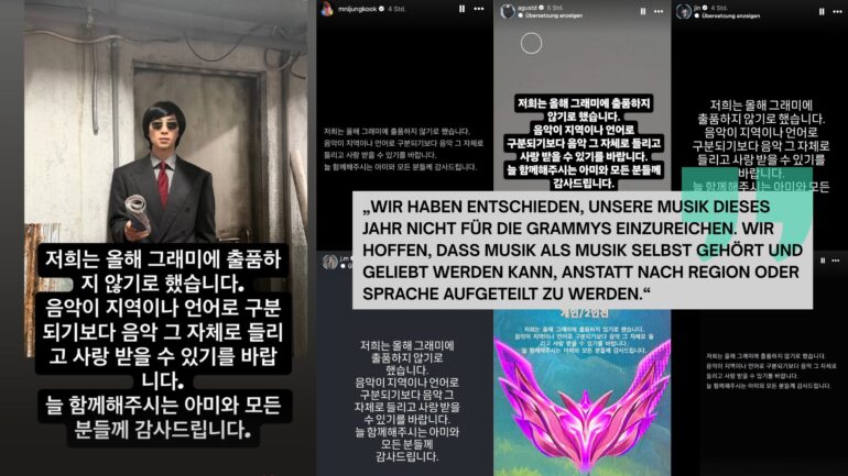 BTS nicht bei den Grammy Awards. Die Gruppe reicht ihre Musik in diesem Jahr nicht für die Grammys ein.