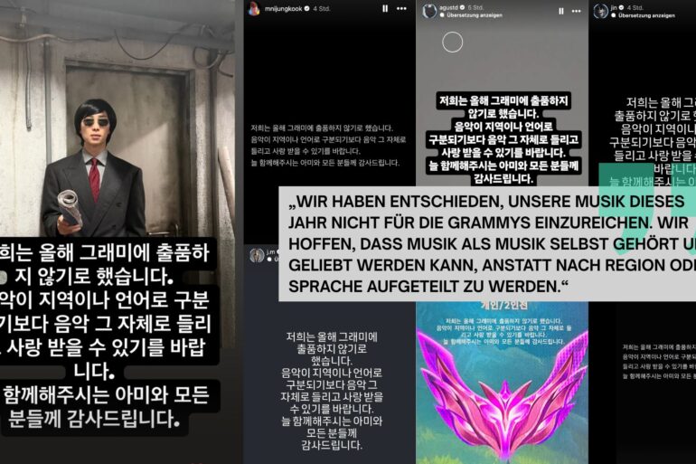 BTS nicht bei den Grammy Awards. Die Gruppe reicht ihre Musik in diesem Jahr nicht für die Grammys ein.