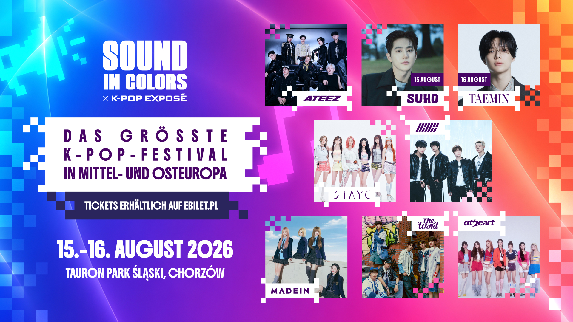 ATEEZ, TAEMIN, SUHO, iKON und STAYC live an einem Wochenende: Alle Infos zum Sound in Colors K-POP EXPOSÉ am 15. und 16. August 2026 in Chorzów, Polen.